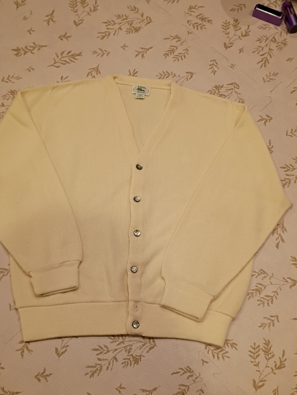 Vintage Lacoste Men's Cream V-Neck Button Cardigan Made USA